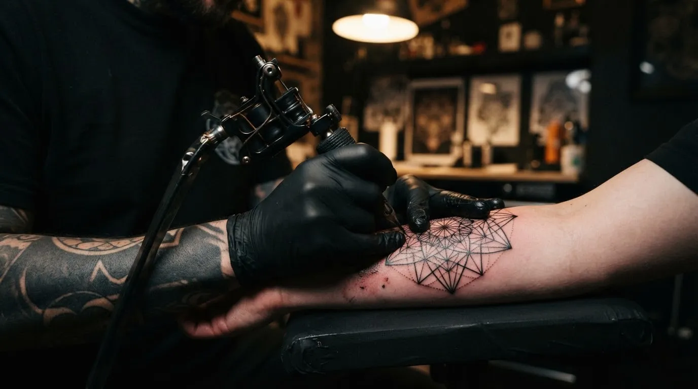 Primer plano editorial de antebrazos tatuados trabajando con una máquina de tatuaje en blackwork geométrico, iluminación dramática de estudio y blanco y negro de alto contraste
