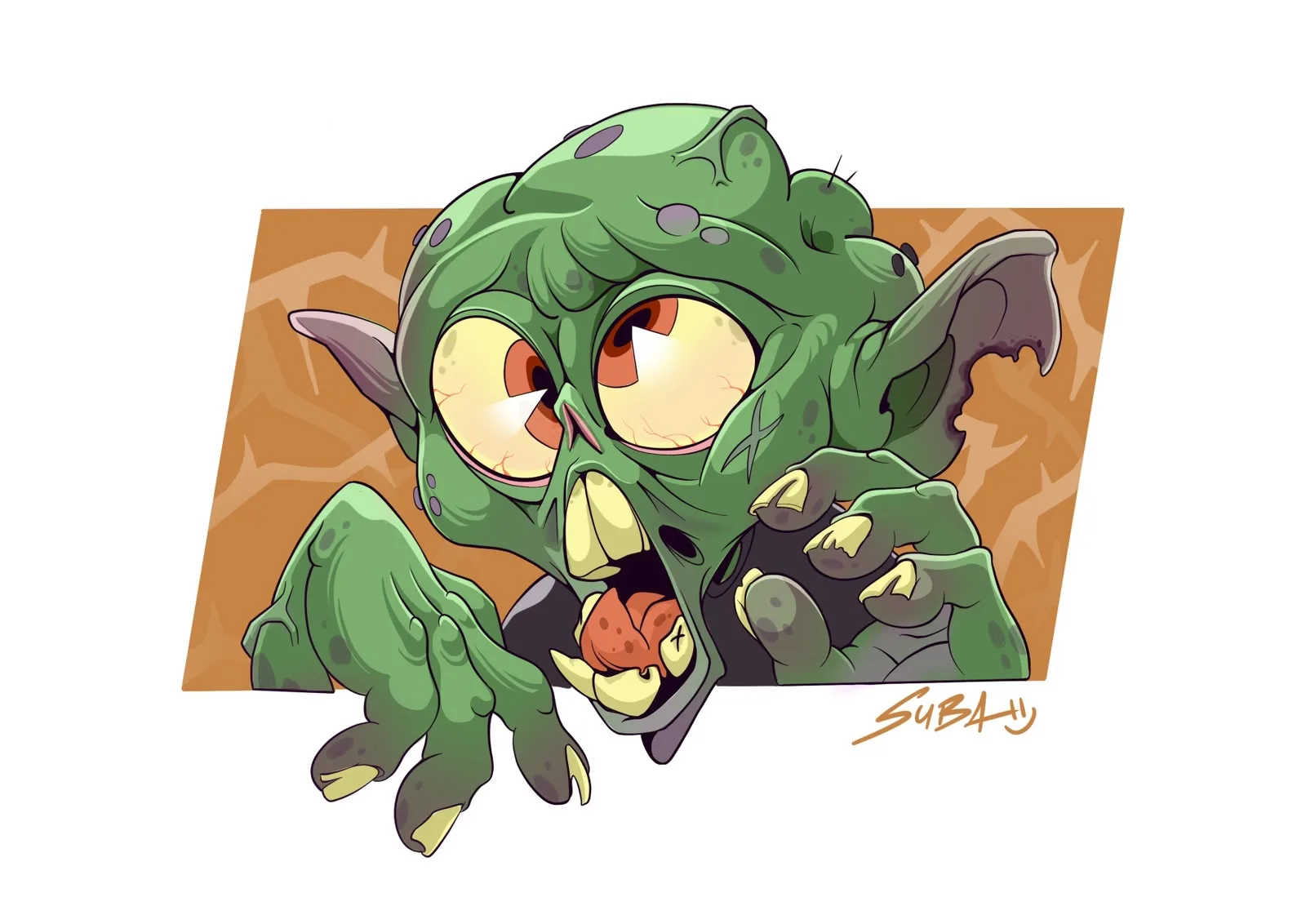 Ilustración a color de un zombie estilo cartoon con ojos grandes y garras, firmada por el artista