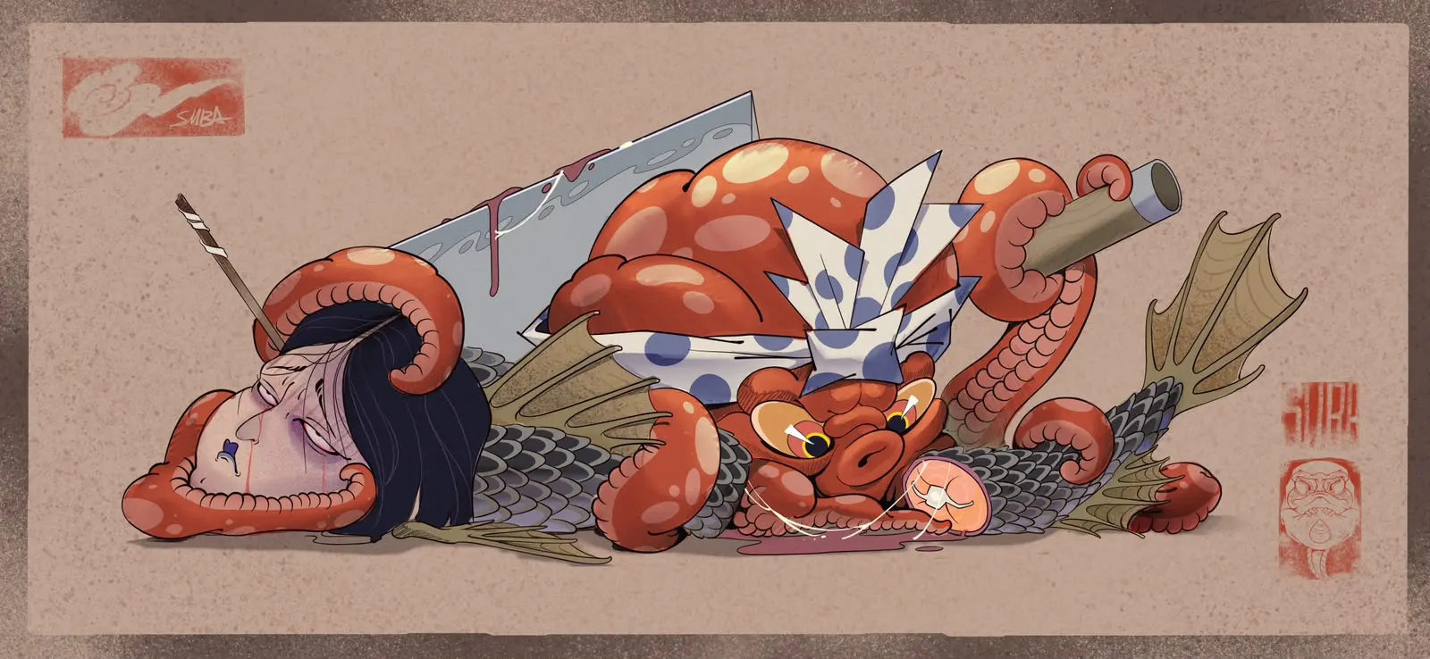 Ilustración estilo tatuaje tradicional japonés de un pulpo rojo con kimono azul y una doncella decapitada con tatuaje de carpa, sellos rojos del artista